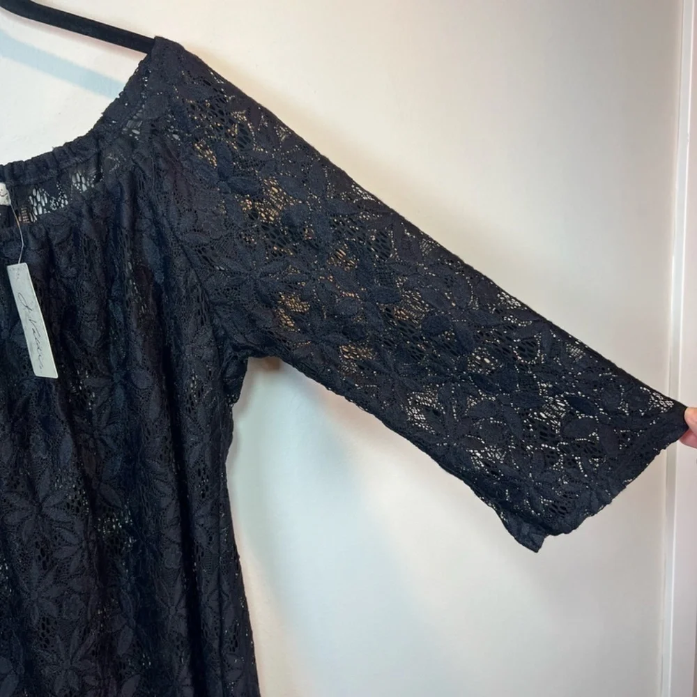 J. Valid Floral Crochet Lace Tunic Swim Cover Up Dress Black Vacation  NEW Large